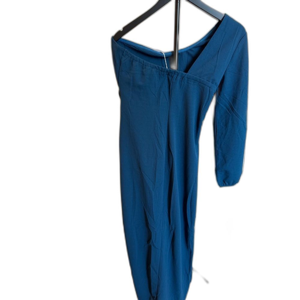 Zesica One-Shoulder Teal Ruched Maxi Dress L - Picture 3 of 5
